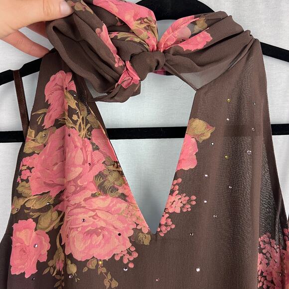 Vintage Express Top Y2K Halter Tank Tie Bow Silk Floral Rose Fairy Coquette - Picture 3 of 6